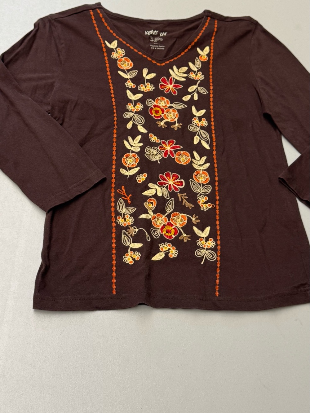 Krazy Kat Brown Long-Sleeve V-Neck Top with Orange & Cream Floral Embroidery
